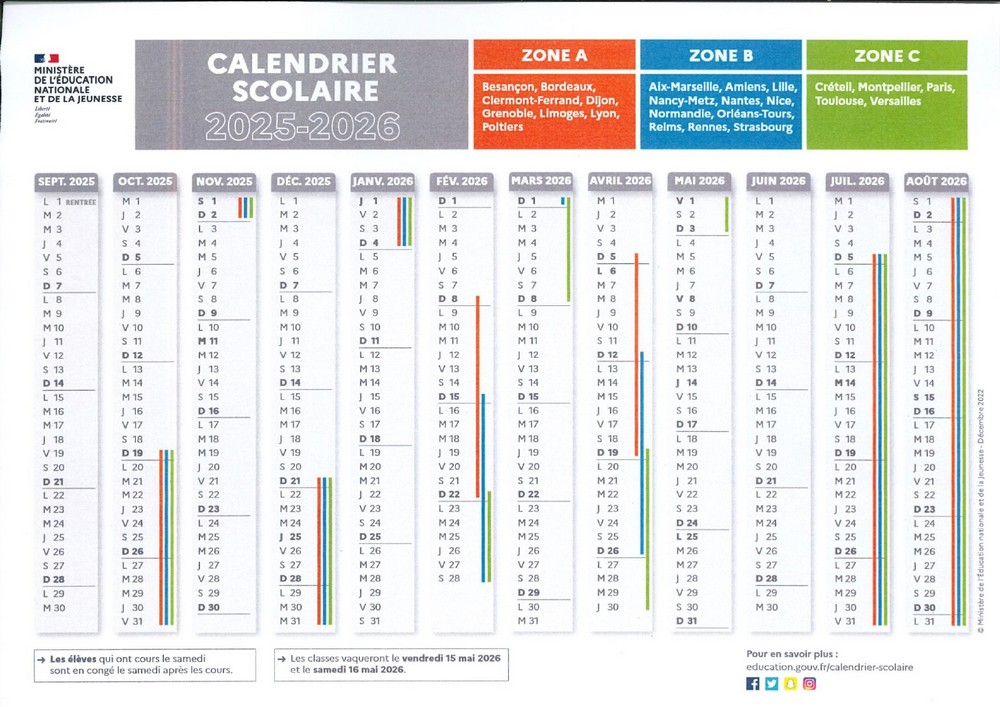 CALENDRIER SCOLAIRE 2025 2026