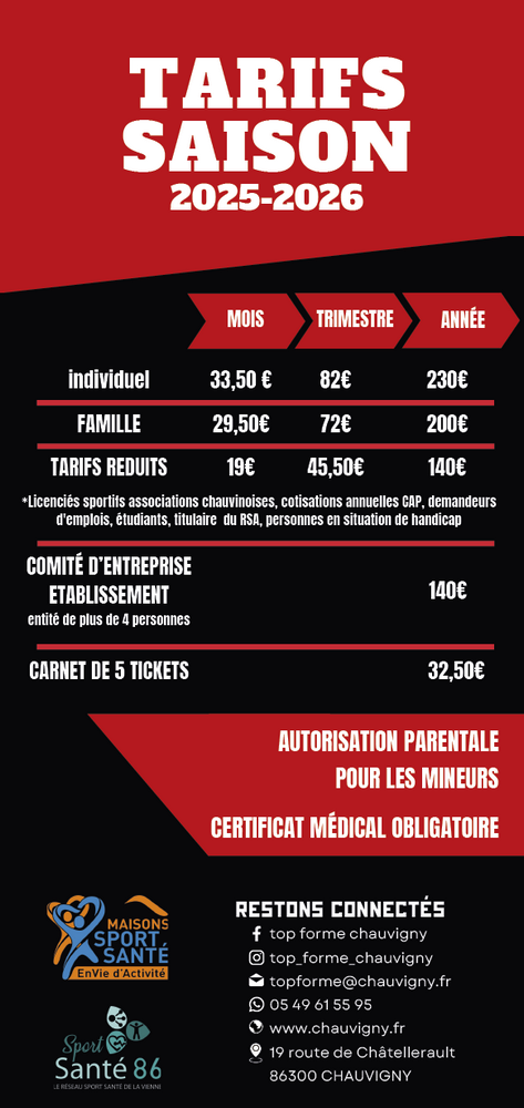 Tarifs Top forme 2025 2026